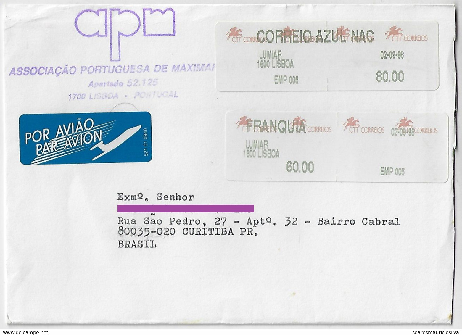 Portugal 1998 Airmail Cover Sent From Lisboa Agency Lumiar To Curitiba Brazil 2 Different Meter Stamp - Covers & Documents