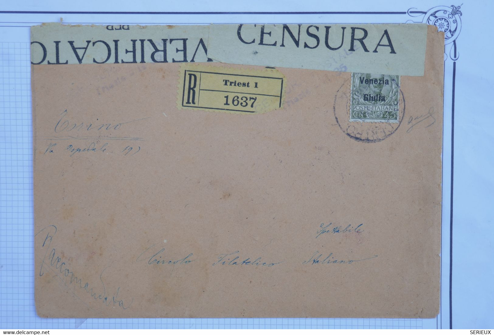 BF8 ITALIA VENEZIA GULIA TERRES RACHETEES  LETTRE CENSUREE RECOM. 1943 TRIESTE  A TORINO  +SIGNEE++AFFRANCH. INTERESSANT - Other & Unclassified