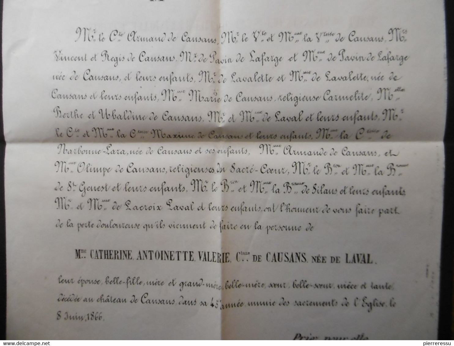 DECES CATHERINE ANTOINETTE VALERIE COMTESSE DE CAUSANS NEE DE LAVAL A CHATEAU DE CAUSANS 1866 - Esquela