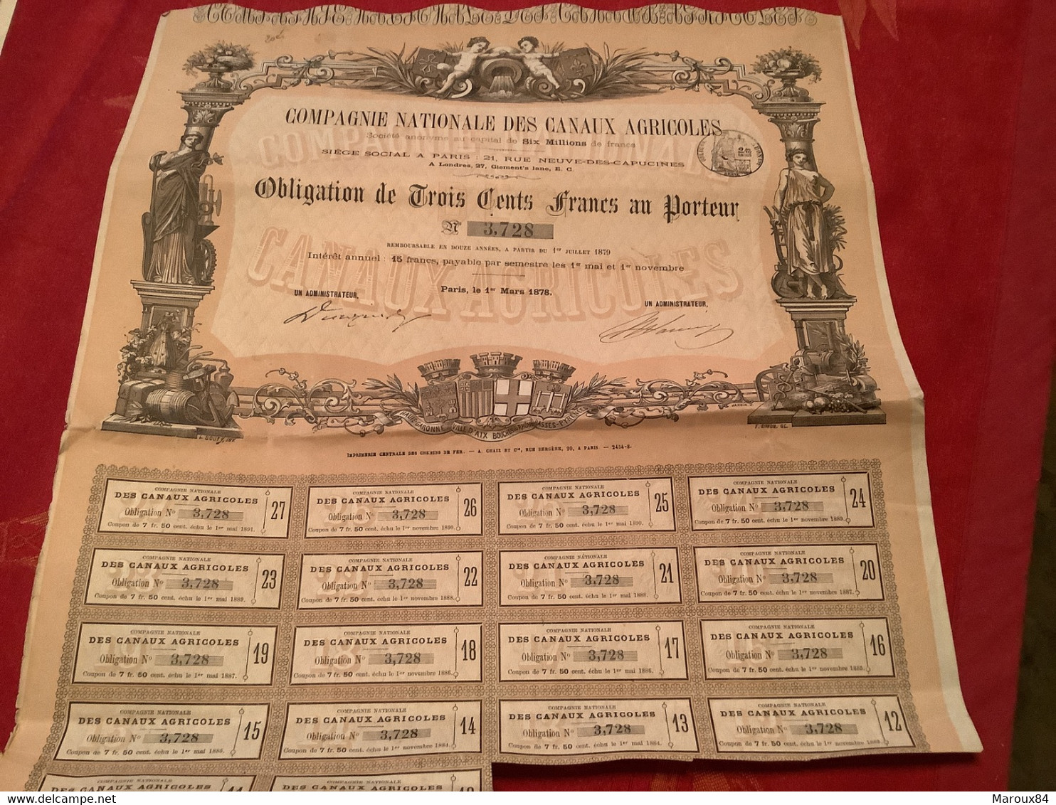 Obligation De Trois Cents Francs Au Porteur  Compagnie Nationale Des Canaux Agricole - Agriculture