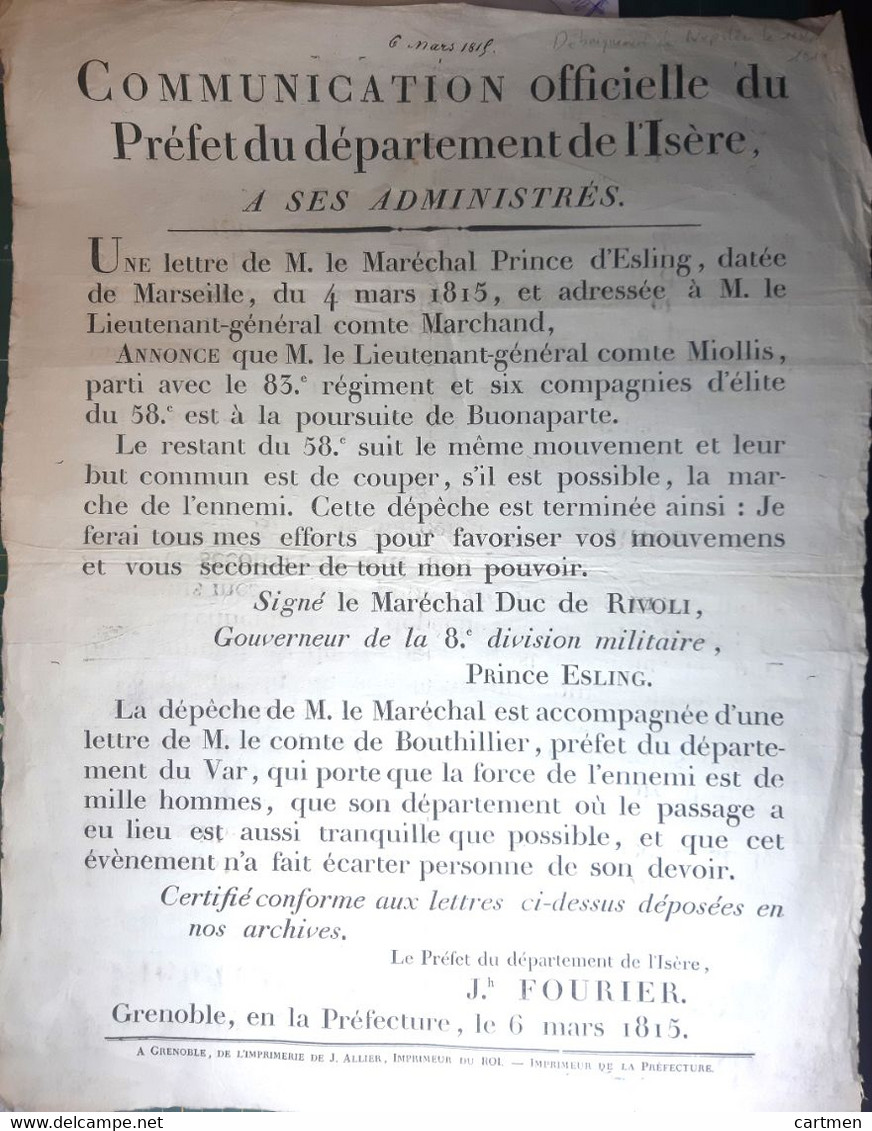 PLACARD REVOLUTION LETTRE DE MASSENA ORDONNANT DE BARRER LA ROUTE A NAPOLEON  GRENOBLE 6 MARS 1815 - Historical Documents