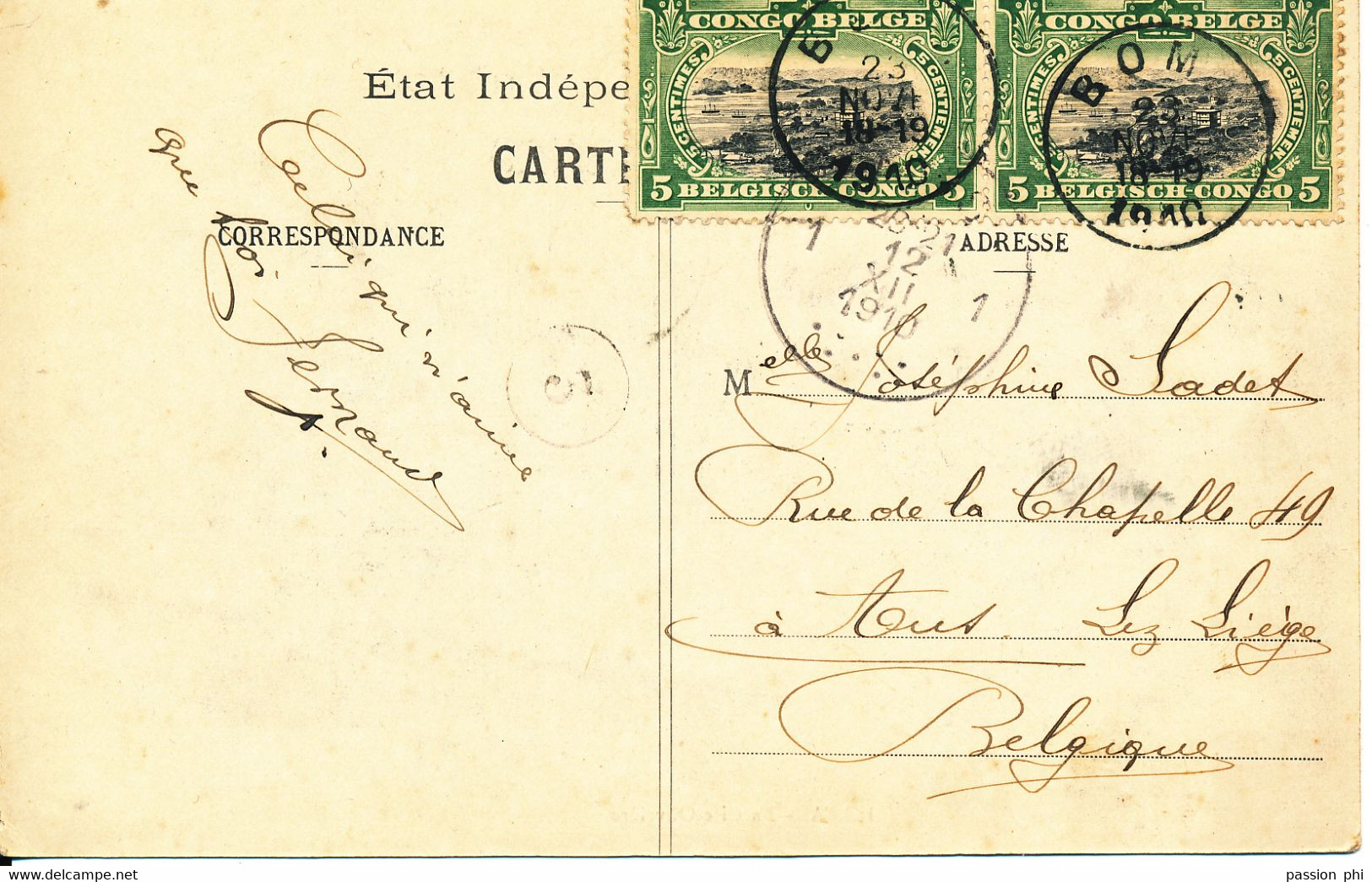 BELGIAN CONGO PC FROM BOMA 23.11.1910 TO LIEGE - Cartas & Documentos