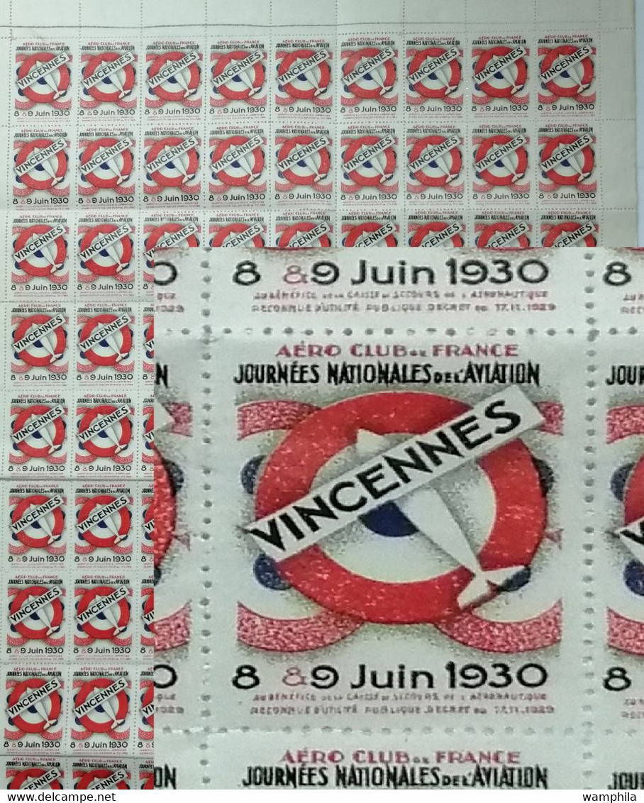 France Une Feuille** De 90 Vignettes Aéro-club De France, Vincennes. RARE. - Aviación