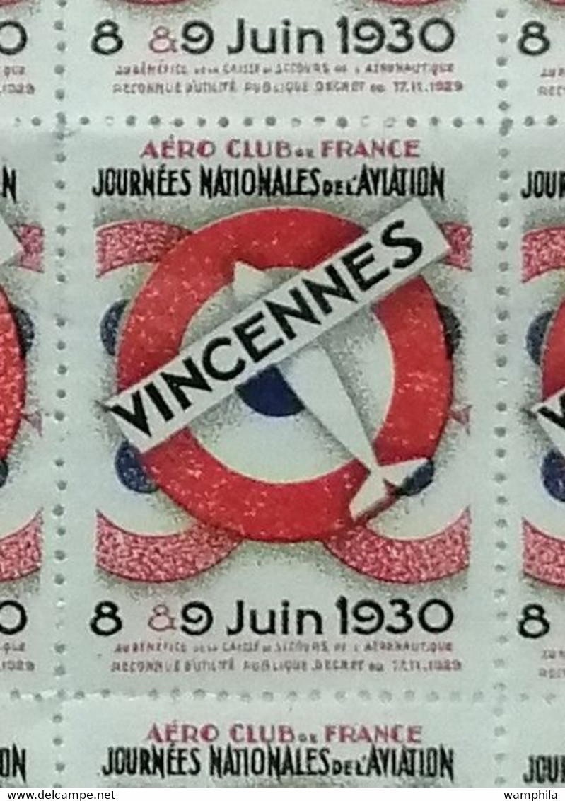 France Une Feuille** De 90 Vignettes Aéro-club De France, Vincennes. RARE. - Luchtvaart