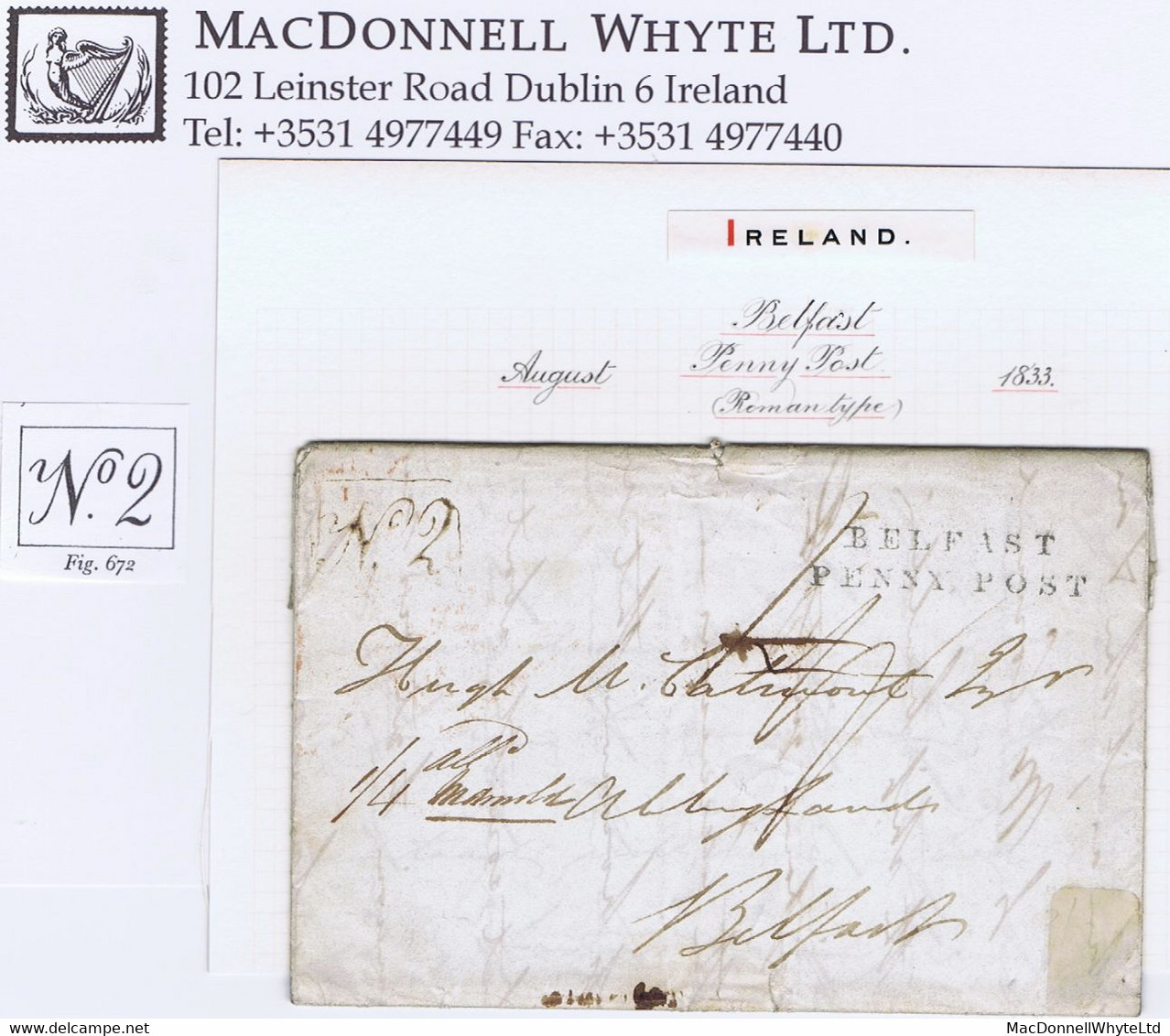 Ireland Belfast 1833 Letter London To Abbeylands With Block BELFAST/PENNY POST And Local Receiving House "No2" Of Whiteh - Prefilatelia