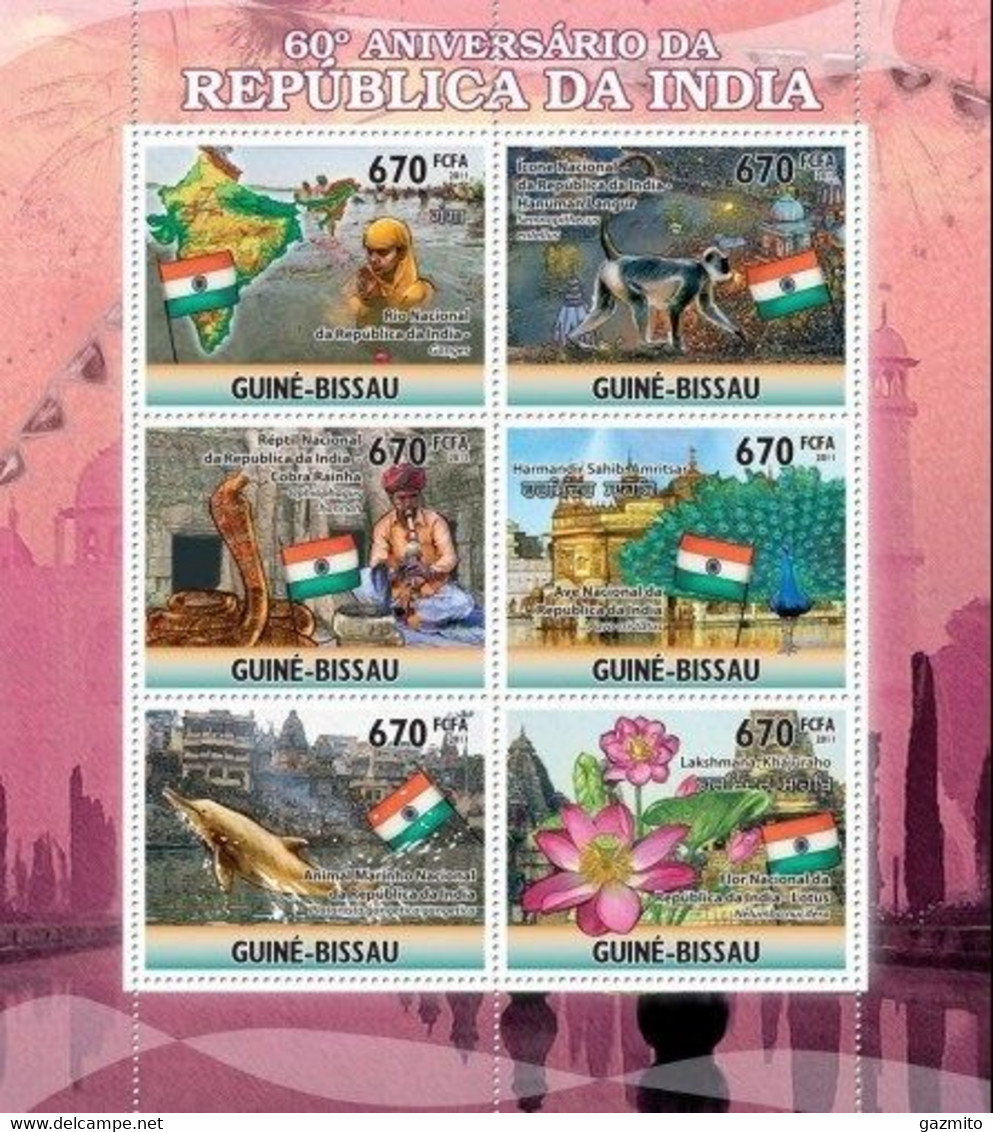 Guinea Bissau 2011, 60th India, Flag, Dolphin, Monkey, Pavon, Snake, 6val In BF - Pfauen