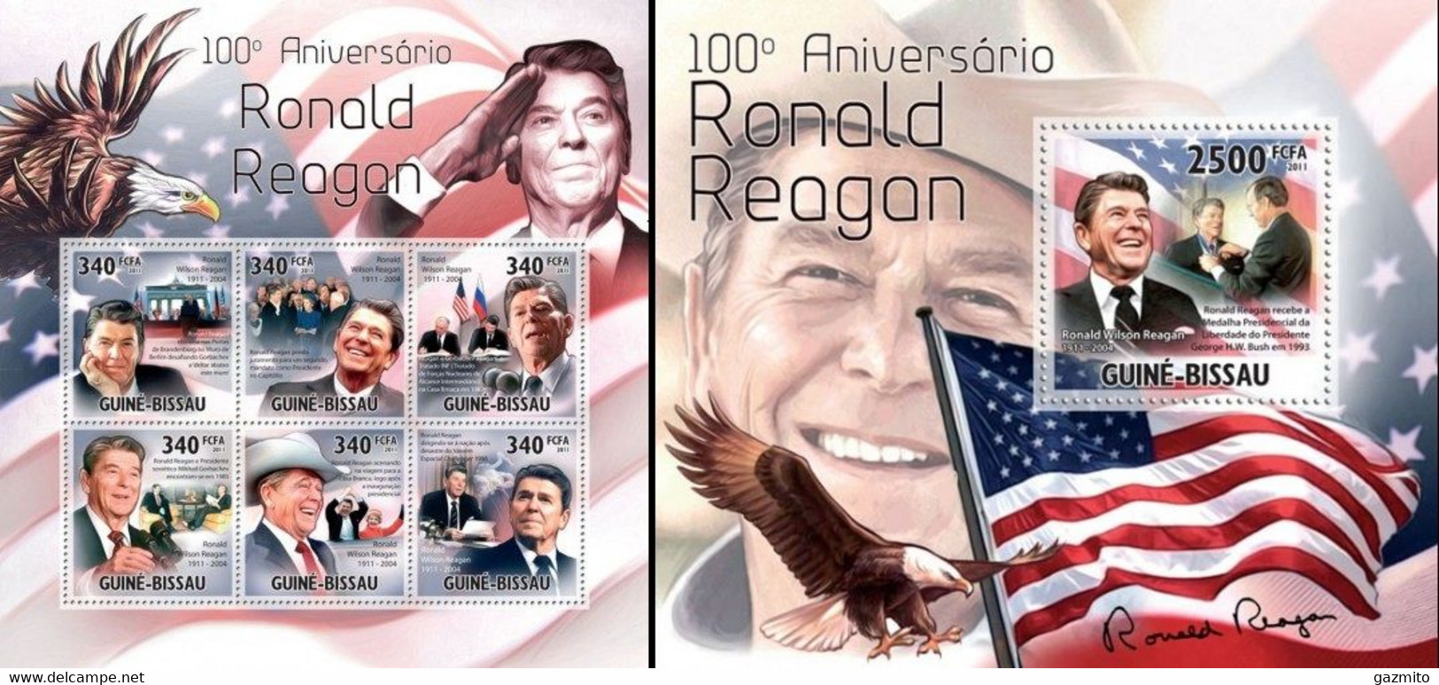 Guinea Bissau 2011, 100th Ronald Reagan, Eagle, Flag, 6val In BF +BF - Timbres