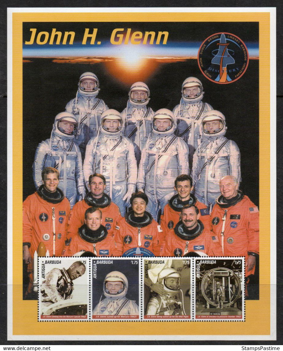 BARBUDA HOJITA BLOC X 4 Sellos ESPACIO = JOHN GLENN – EXPLORACIÓN DEL ESPACIO Año 2000 – Valorizada En U$S 29.00 - Barbuda (...-1981)