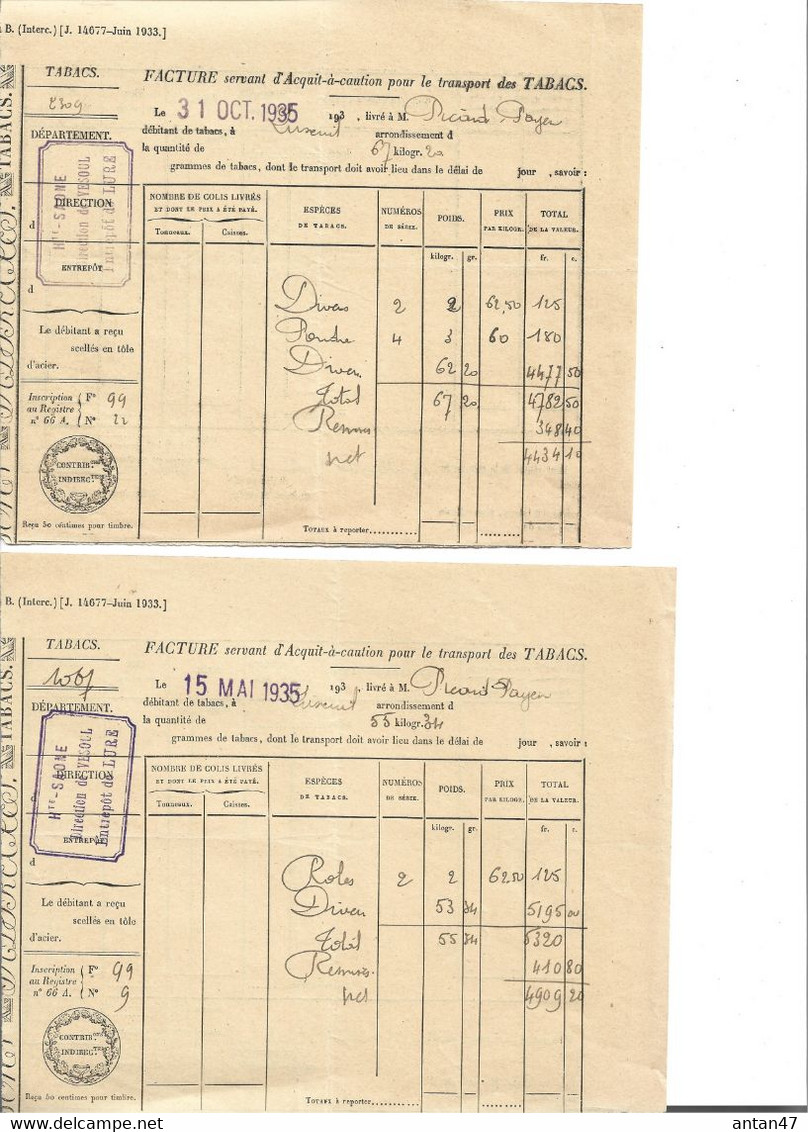 2 Factures Acquit à Caution Transport TABACS 1935 / 70 LUXEUIL / Picard Payen - Documents