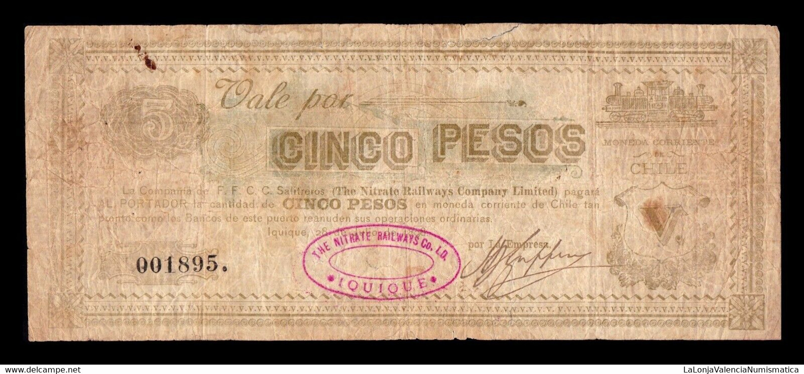 Chile 5 Pesos Nitrate Railways Company Limited 1898 BC F - Chile