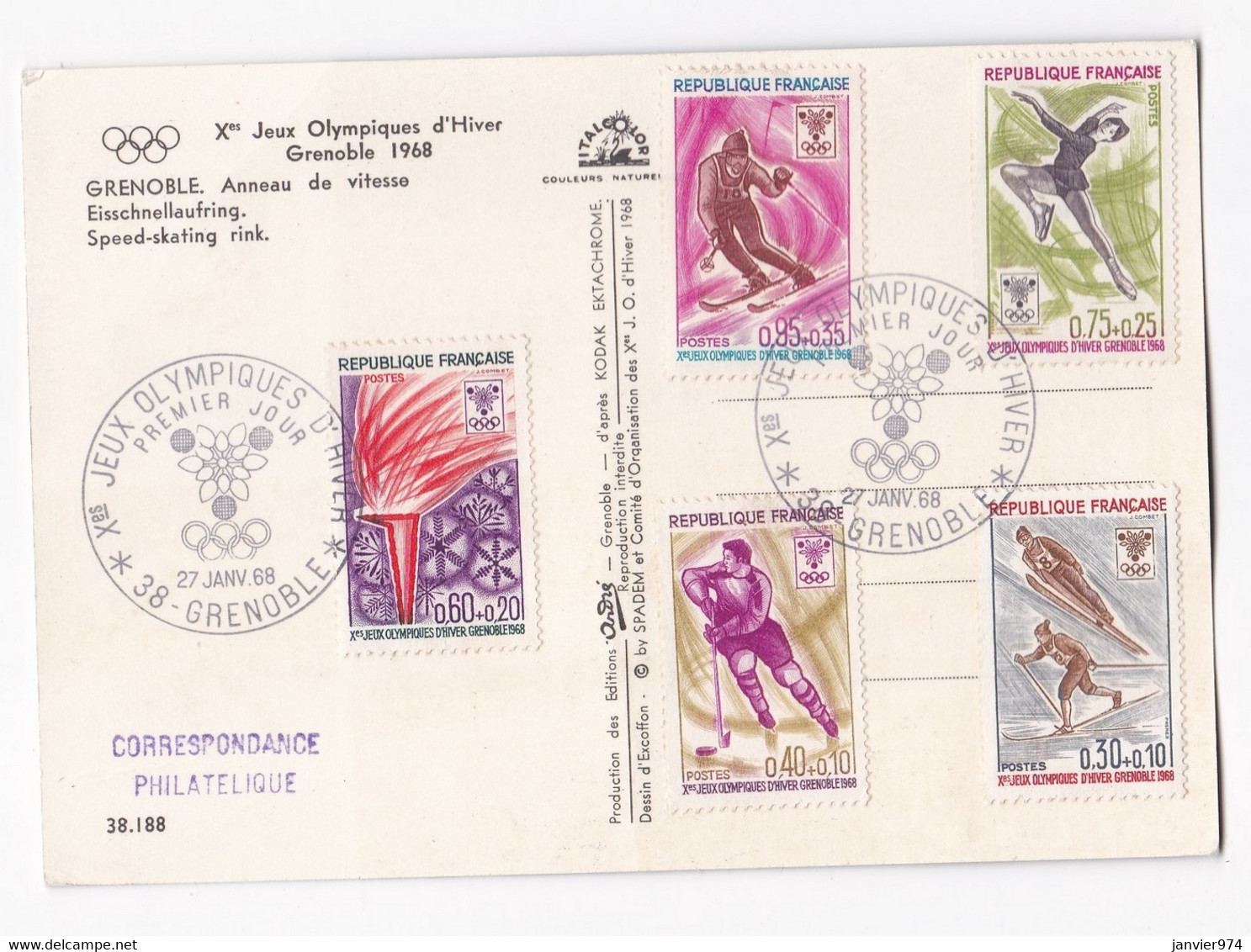 Jeux Olympique 1968 Grenoble CPA 1e Jour . Anneau De Vitesse , Avec 5 Timbres. - Grenoble