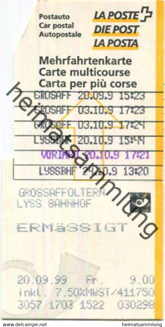 Schweiz - Schweizerische PTT-Betriebe - Mehrfahrtenkarte 1999 - Grossaffoltern Lyss Bahnhof - Europe