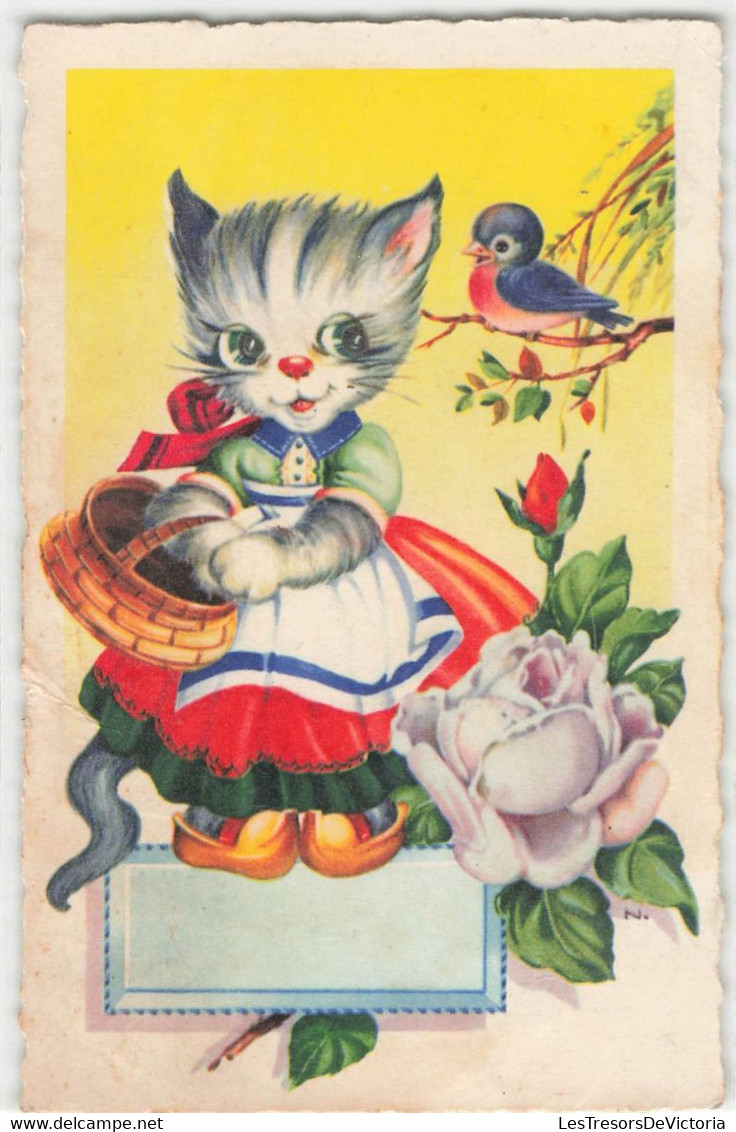 CPA Animaux Habillés - Chatte Habillée Avec Panier Et Tablier Et Des Sabots - Chat - Oiseau - - Animales Vestidos