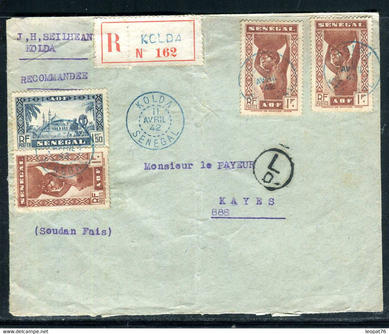 Sénégal - Enveloppe En Recommandé De Kolda Pour Kayes (Soudan ) En 1942 Via Ziguinchor - O 59 - Briefe U. Dokumente