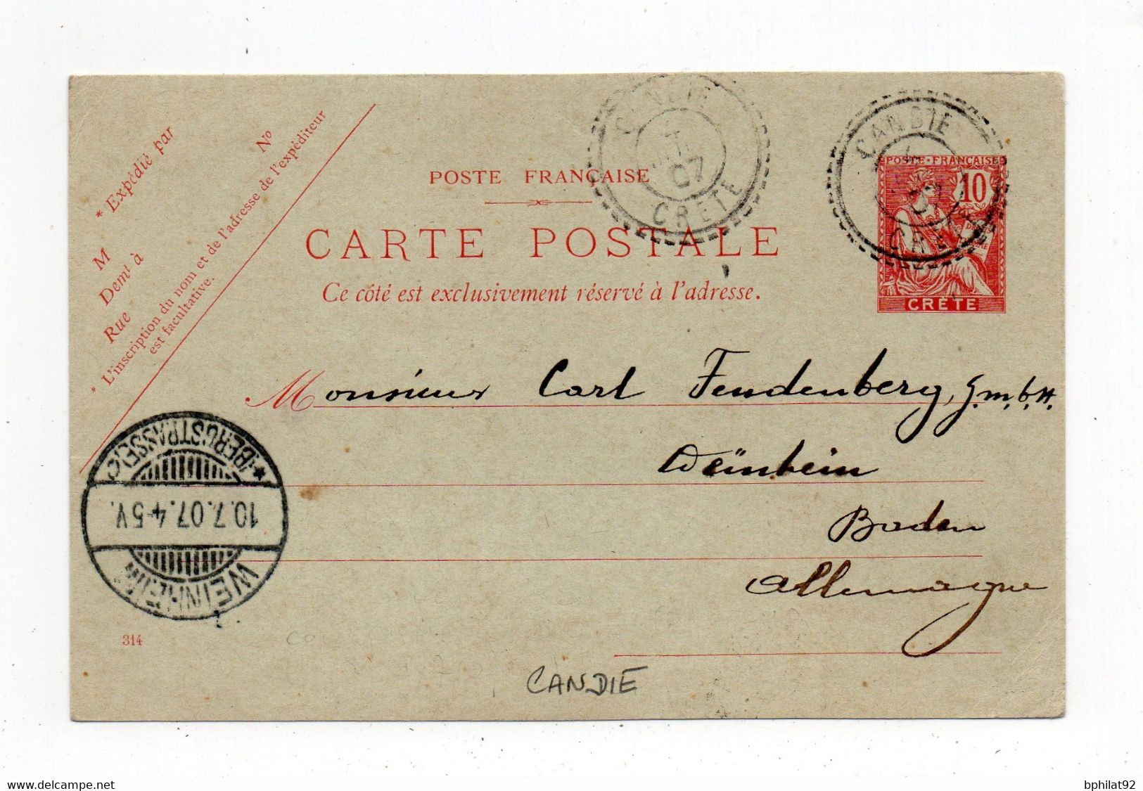 !!! CRETE, ENTIER POSTAL POUR L'ALLEMAGNE, CACHET DE CANDIE DU 4/7/1907 - Autres & Non Classés