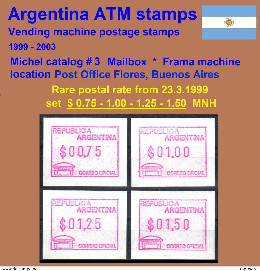 1999 Argentina Argentinien ATM 3 / First Postal Rate Set From 23.03.1999 MNH / FRAMA Automatenmarken Automatici - Franking Labels