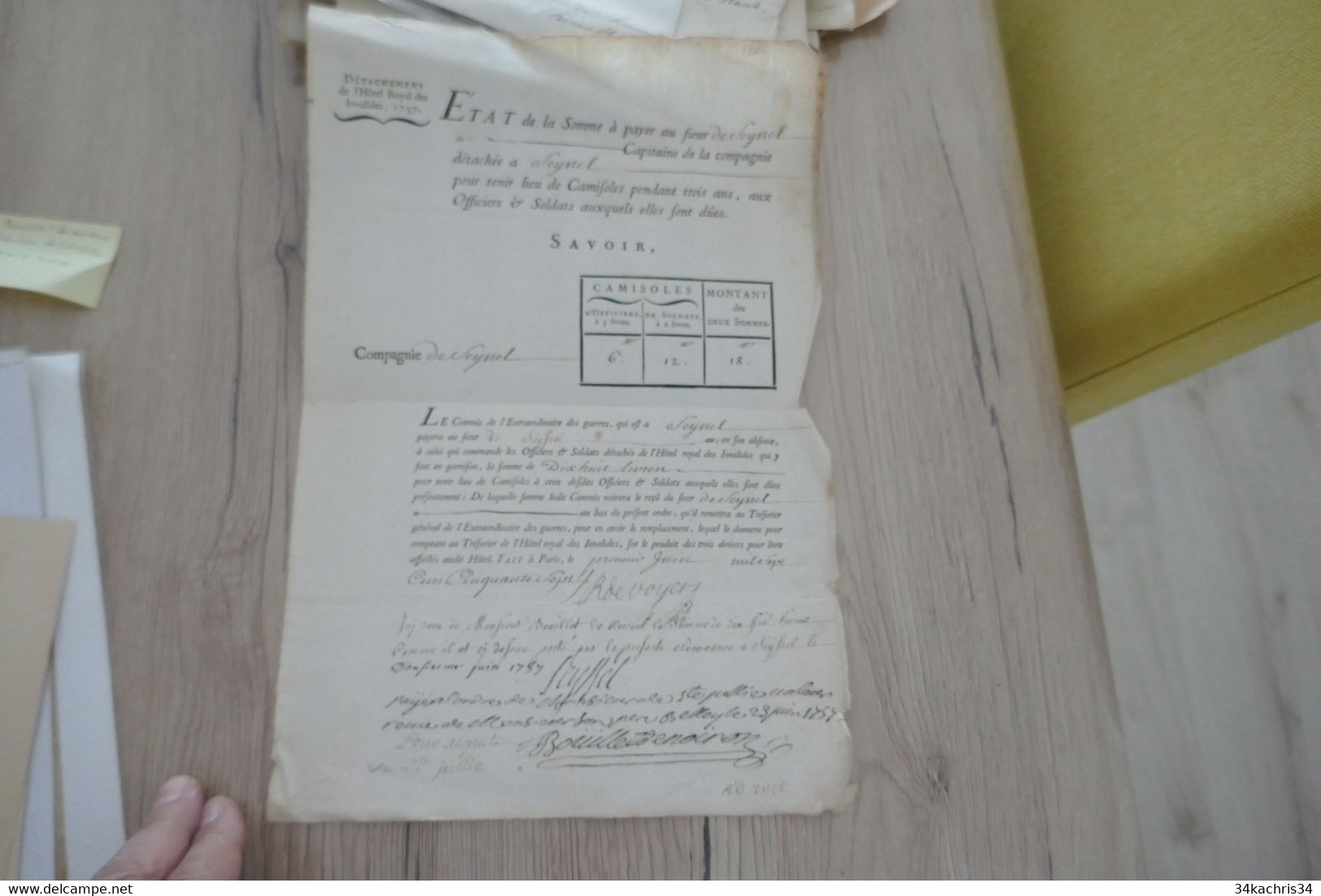 Pièce Signée Sr De Seyssel Bouillet De Noiron  Etat Somme à Payer Pour Camisoles Armée Détachement Hôtel Invalides 1757 - Documenten