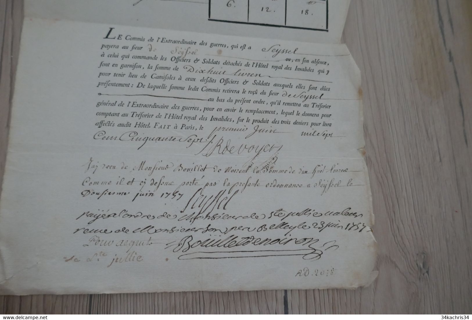 Pièce Signée Sr De Seyssel Bouillet De Noiron  Etat Somme à Payer Pour Camisoles Armée Détachement Hôtel Invalides 1757 - Documenten