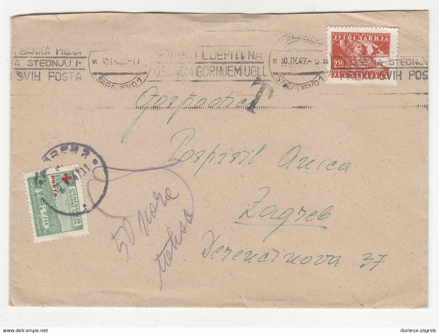 Yugoslavia DF Postal Tax Postage Due Red Cross Porto Stamp On Letter Cover Posted 1947 Sarajevo To Zagreb B221001 - Impuestos