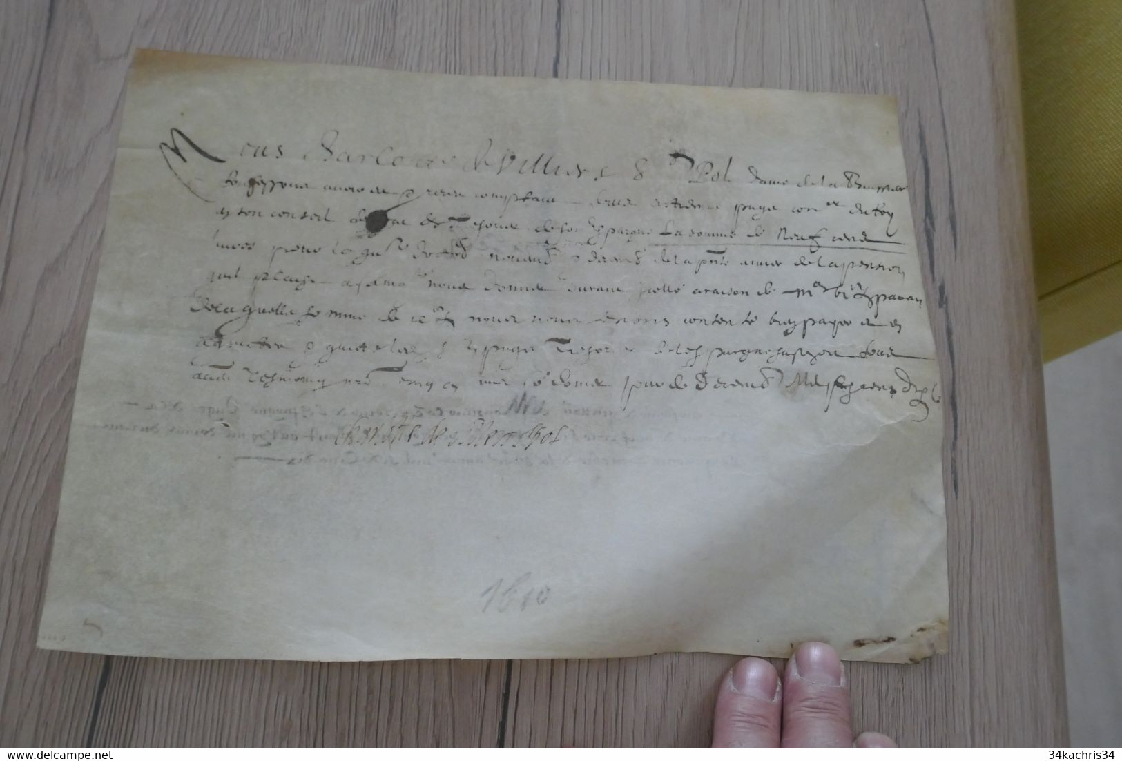 Pièce Sur Velin Signée 1610 Reçu De Villers De Saint Pol à Confirmer - Sonstige & Ohne Zuordnung