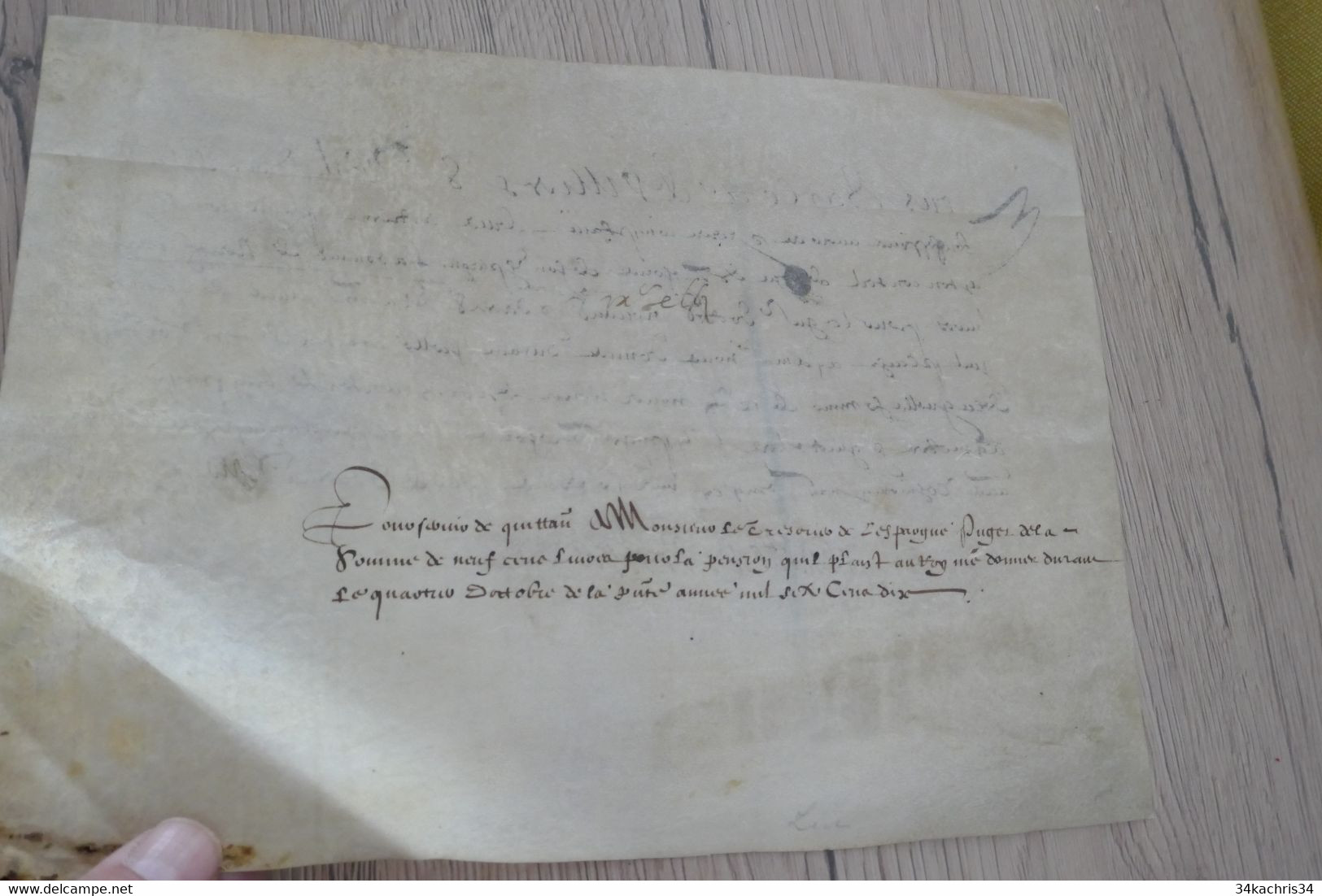 Pièce Sur Velin Signée 1610 Reçu De Villers De Saint Pol à Confirmer - Andere & Zonder Classificatie