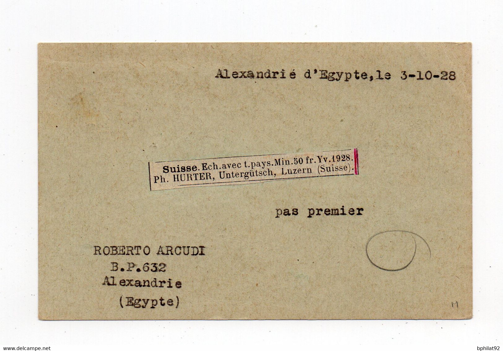 !!! ENTIER POSTAL D'ALEXANDRIE POUR LA SUISSE DE 1928 - Briefe U. Dokumente