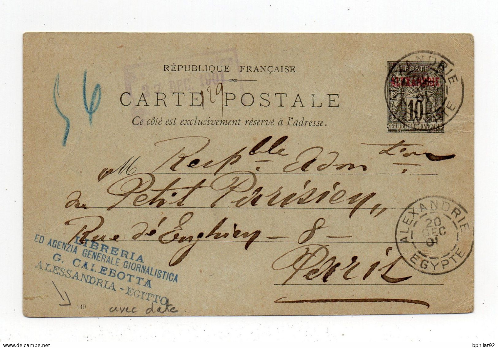 !!! ENTIER POSTAL D'ALEXANDRIE POUR LA BELGIQUE DE 1901 - Cartas & Documentos