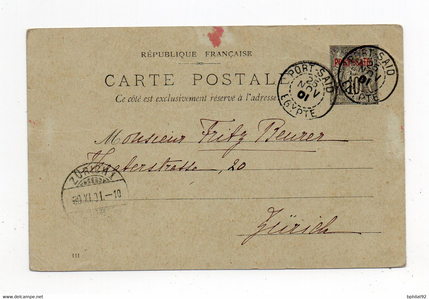 !!! ENTIER POSTAL DE PORT-SAID POUR ZURICH DE 1901 - Storia Postale