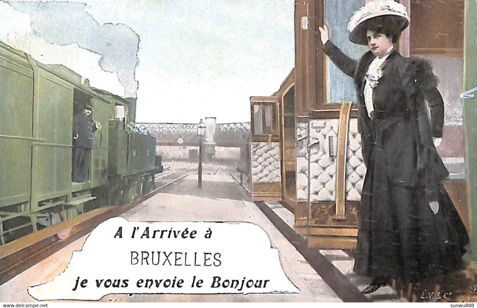 A L'arrivée à Bruxelles, Je Vous Envoie Le Bonjour (train Gare Femme Aqua Photo) - Ferrovie, Stazioni