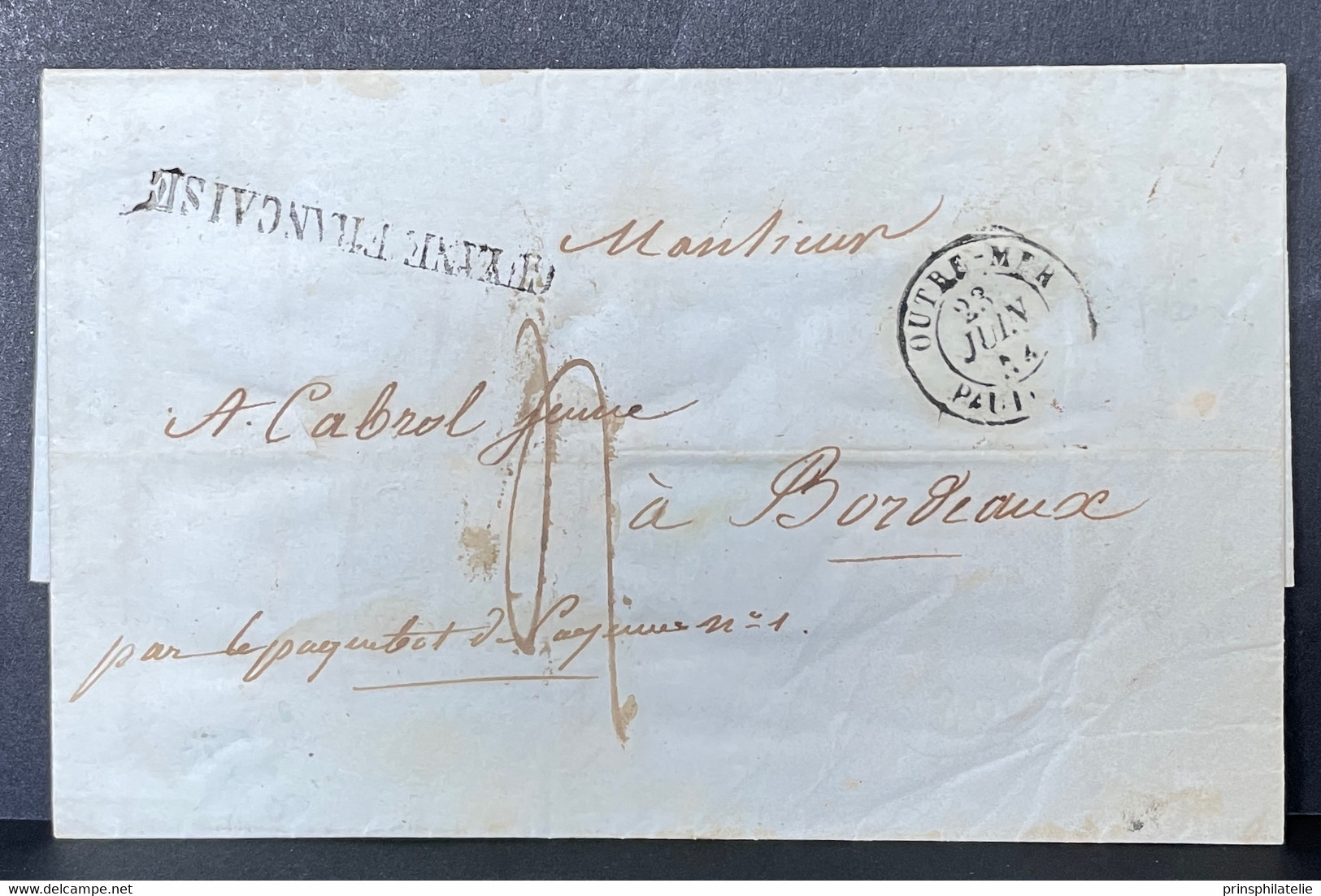 LETTRE DE CAYENNE GUYANE 1848 AVEC GRIFFE LINEAIRE ET CAD ENTREE OUTRE MER PAUILLAC => FRANCE  COVER - Brieven En Documenten