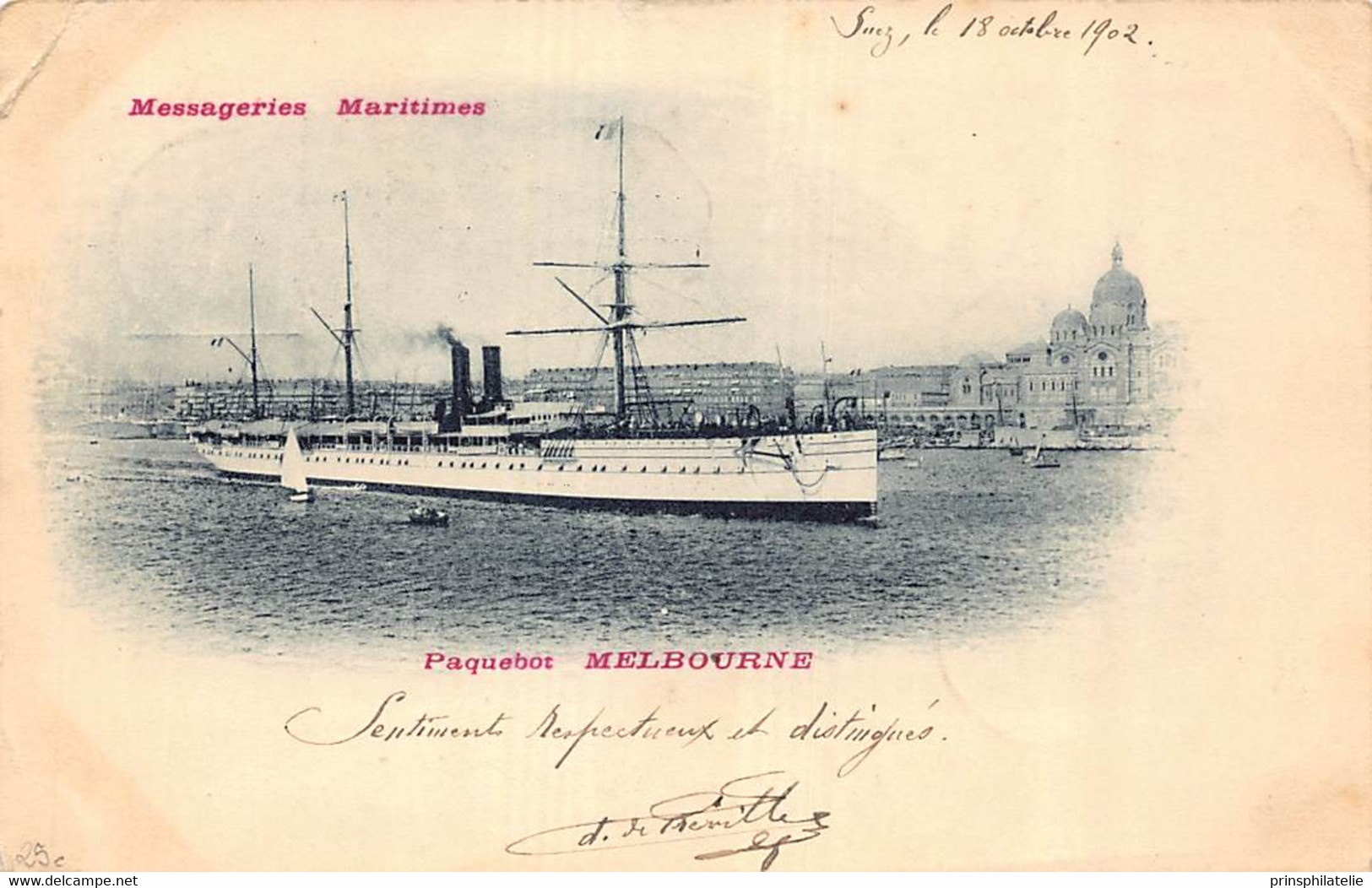 CARTE PAQ MELBOURNE MESSAGERIES MARITIMES AVEC TYPE GROUPE SURCHARGE OBL PORT SAID + CAD MARITIME=> FRANCE COVER - Briefe U. Dokumente