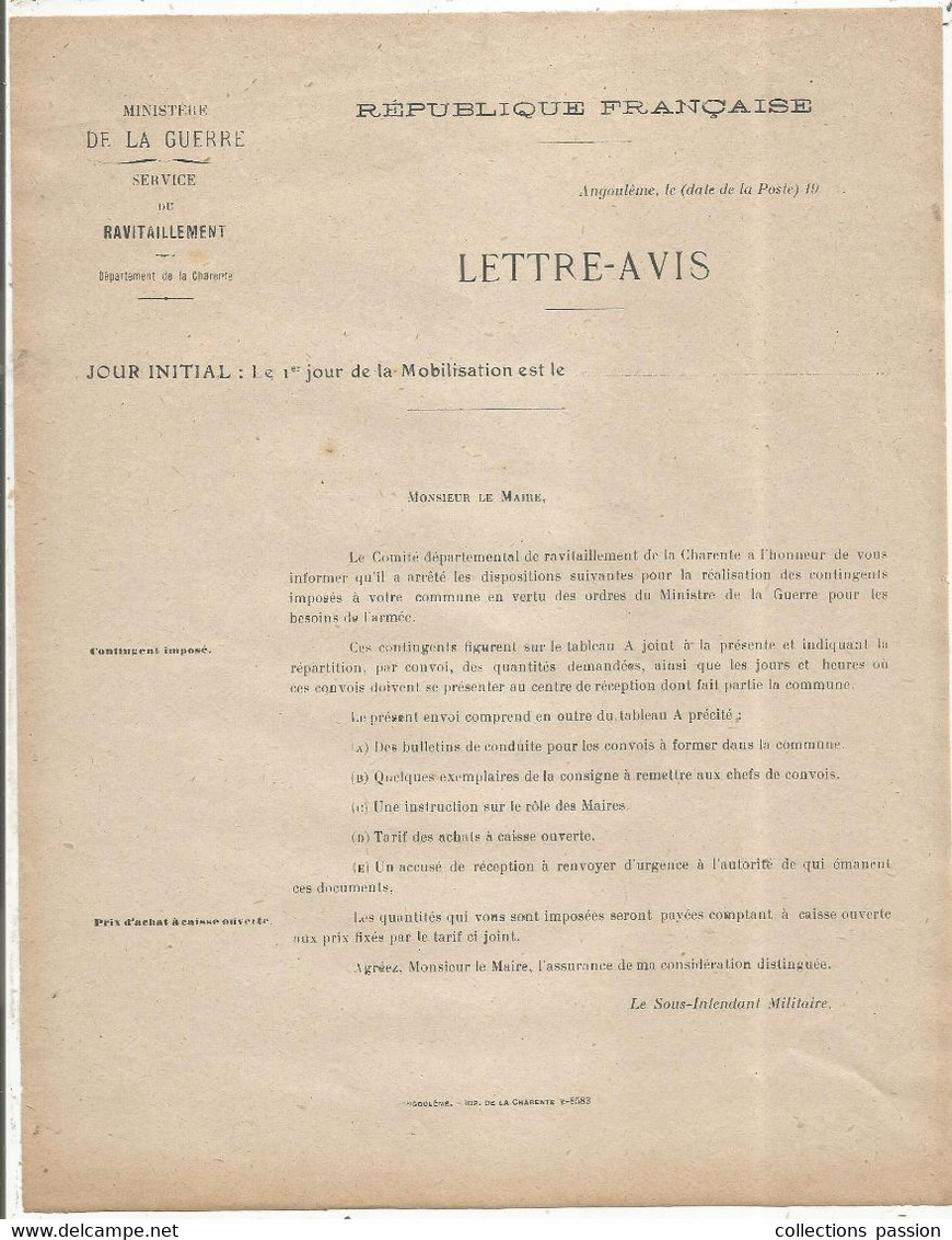 Militaria, Lettre-avis, Ministère De La Guerre, Service Du Ravitaillement, Angoulême, 1 Er Jour De.... ,frais Fr. 1.75 E - Documents