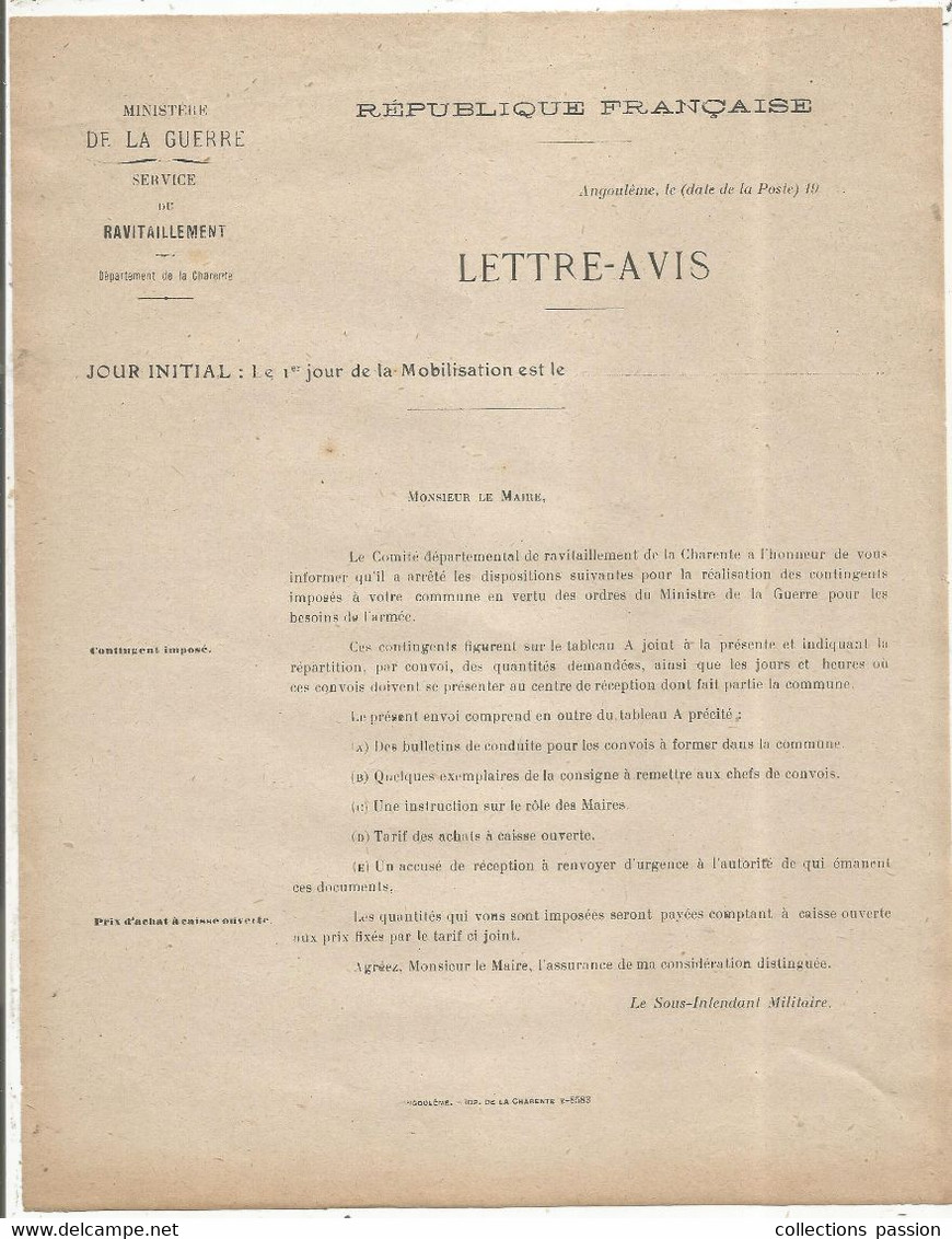 Militaria, Lettre-avis, Ministère De La Guerre, Service Du Ravitaillement, Angoulême, 1 Er Jour De.... ,frais Fr. 1.75 E - Documenti