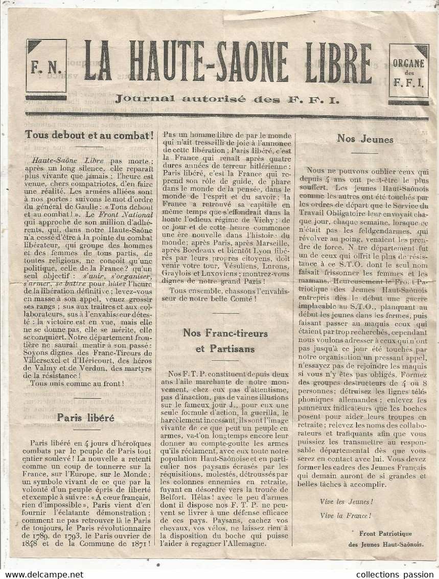 Militaria, JOURNAL AUTORISE DES F.F.I, LA HAUTE SAONNE LIBRE, Frais Fr. 1.75 E - Autres & Non Classés