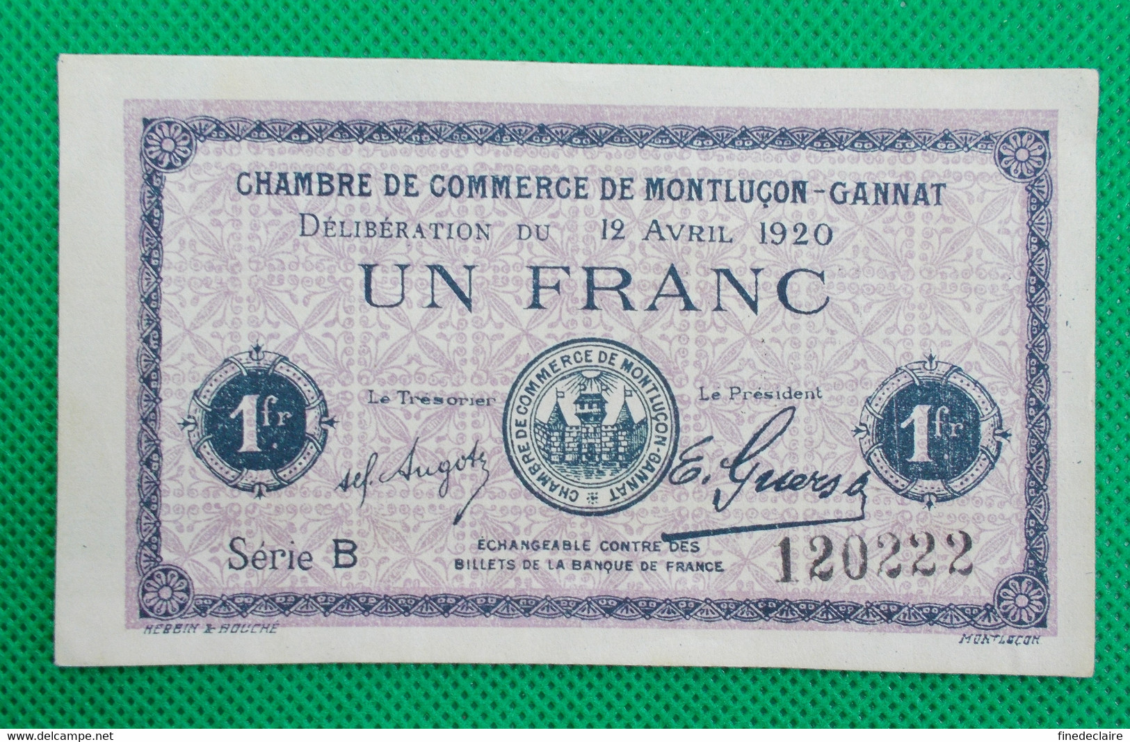 Billet Chambre De Commerce De Montluçon Gannat - Un Franc - Série: B - Sans Filigrane - 12 Avril 1920 - Chambre De Commerce