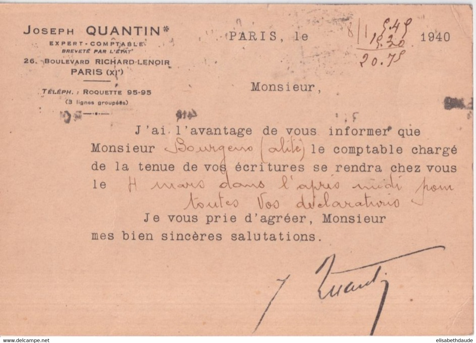 1940 - CARTE ENTIER TYPE ARC DE TRIOMPHE De PARIS Avec REPIQUAGE JOSEPH QUANTIN AU DOS ! - Overprinter Postcards (before 1995)