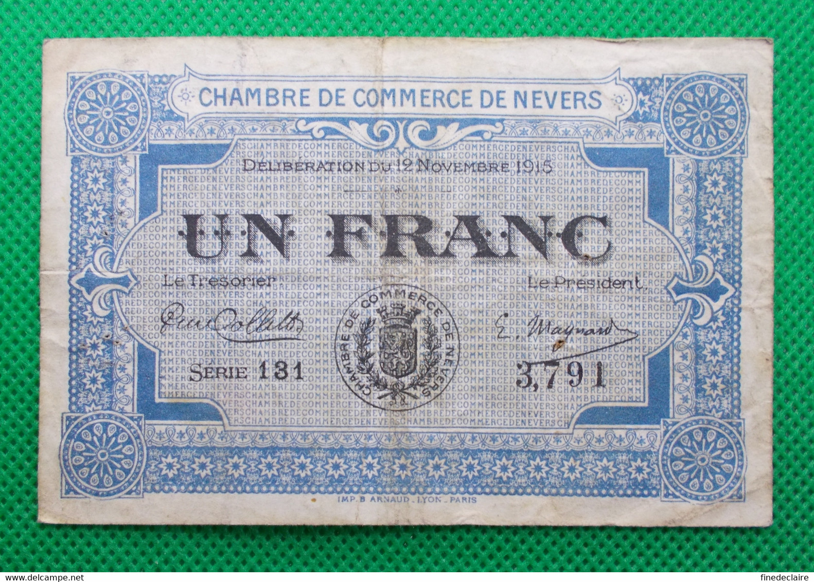 Billet Chambre De Commerce De Nevers - Un Franc - Série: 131 - Sans Filigrane - 19 Novembre 1915 - Chambre De Commerce