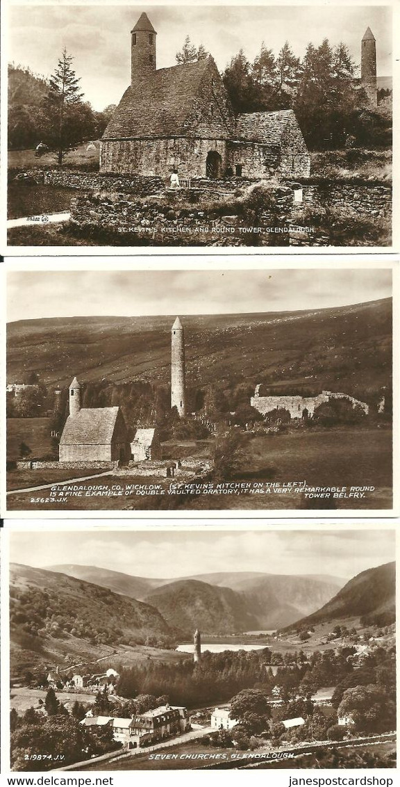 THREE REAL PHOTOGRAPHIC POSTCARDS GLENDALOUGH ST KEVIN'S KITCHEN - ROUND TOWER - SEVEN CHURCHES - IN VERY GOOD CONDITION - Wicklow