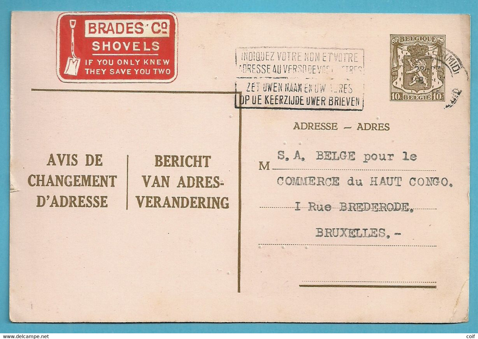 BERICHT VAN ADRESVERANDERING Stempel BRUSSEL Met Vignet BRADES / SHOVELS (zie Verso Tekst !!) - Adreswijziging