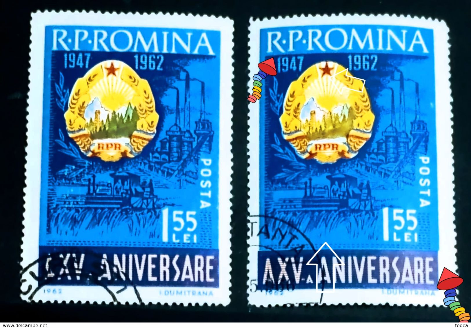 Errors Romania 1962,# Mi 2124, Printed With Writing R.P.  Romania Moved Up, Background Moved To The Right - Variétés Et Curiosités