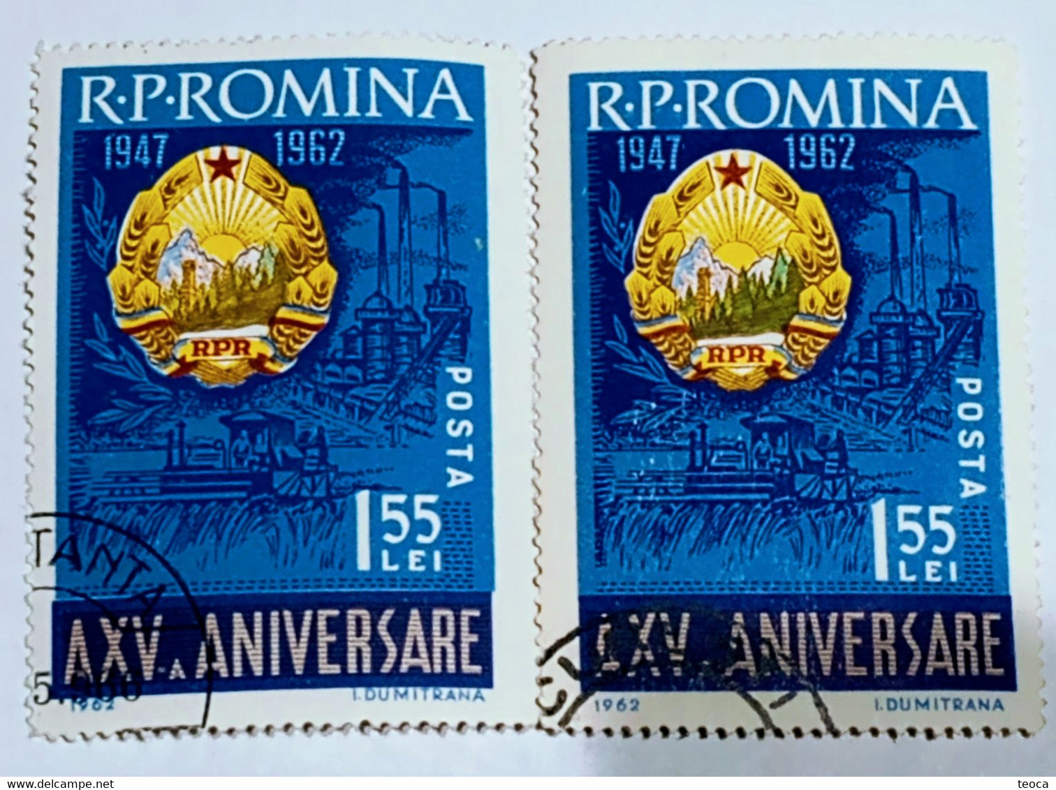 Errors Romania 1962,# Mi 2124, printed with writing R.P.  Romania moved up, background moved to the right