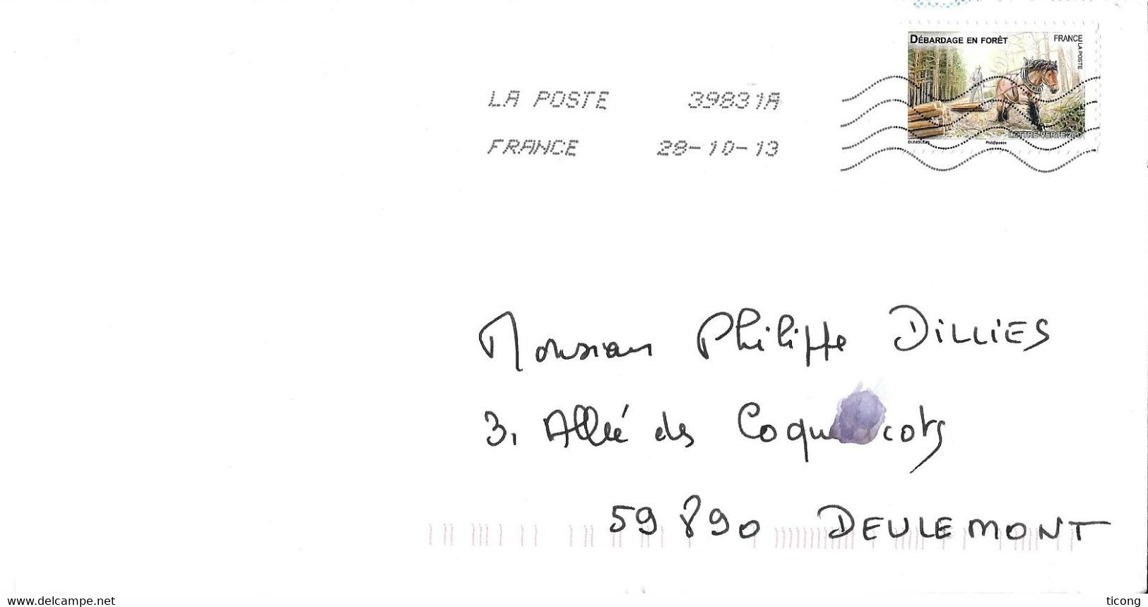 FRANCE FLAMME LA POSTE 2013 - DEBARDAGE EN FORET SEUL SUR LETTRE (  CHEVAL ) VOIR  LES SCANNERS - Storia Postale