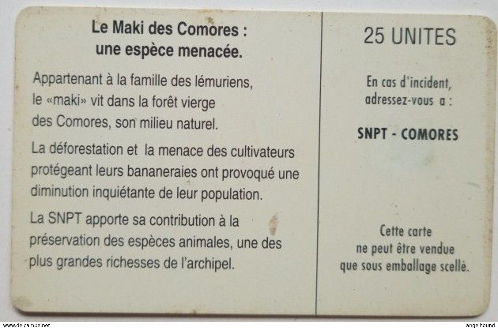 Comoros 25 Units " Le Maki Des Comores  ( SC7 Without Moreno Logo ) " - Comoren