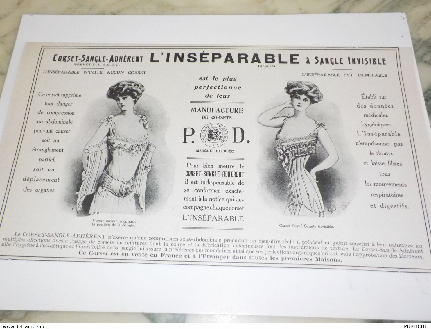 ANCIENNE PUBLICITE CORSET SANGLE ADHERENT INSEPARABLE 1910 - 1900-1940