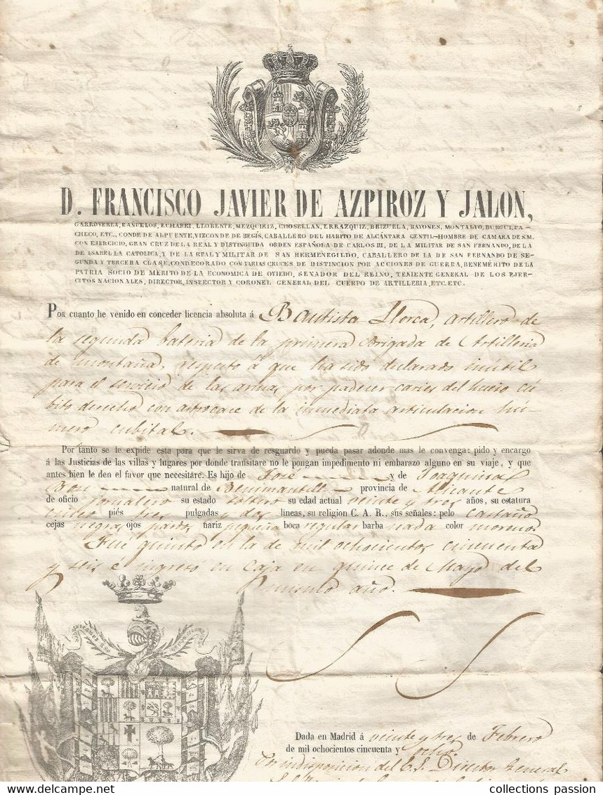 Militaria , Espagne,1850 , Brigade D'Artillerie De Montana ,D. FRANCISCO JAVIER DE AZPIROZ Y JALON ,frais Fr 2.75 E - Documents