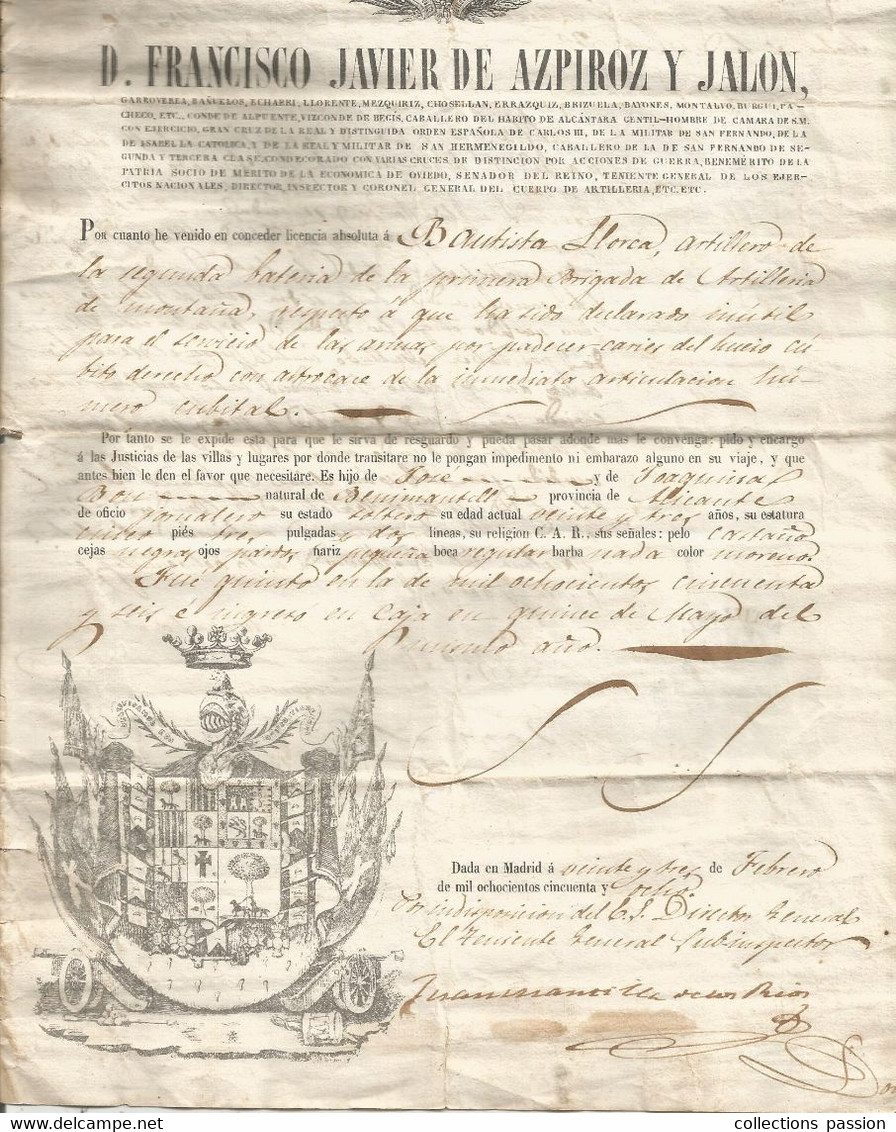 Militaria , Espagne,1850 , Brigade D'Artillerie De Montana ,D. FRANCISCO JAVIER DE AZPIROZ Y JALON ,frais Fr 2.75 E - Documenti