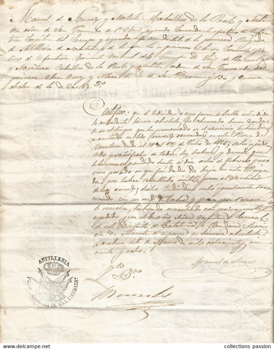 Militaria , Espagne,1850 , Brigade D'Artillerie De Montana ,D. FRANCISCO JAVIER DE AZPIROZ Y JALON ,frais Fr 2.75 E - Dokumente