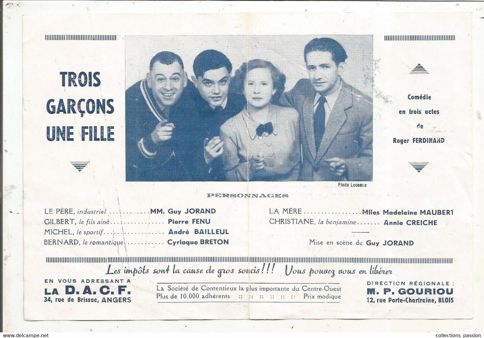 Programme ,LES TOURNEES DANJOR ,Trois Garçons ,une Fille , Spectacle , Comédie,théâtre , 2 Scans, Frais Fr 1.65 E - Programma's