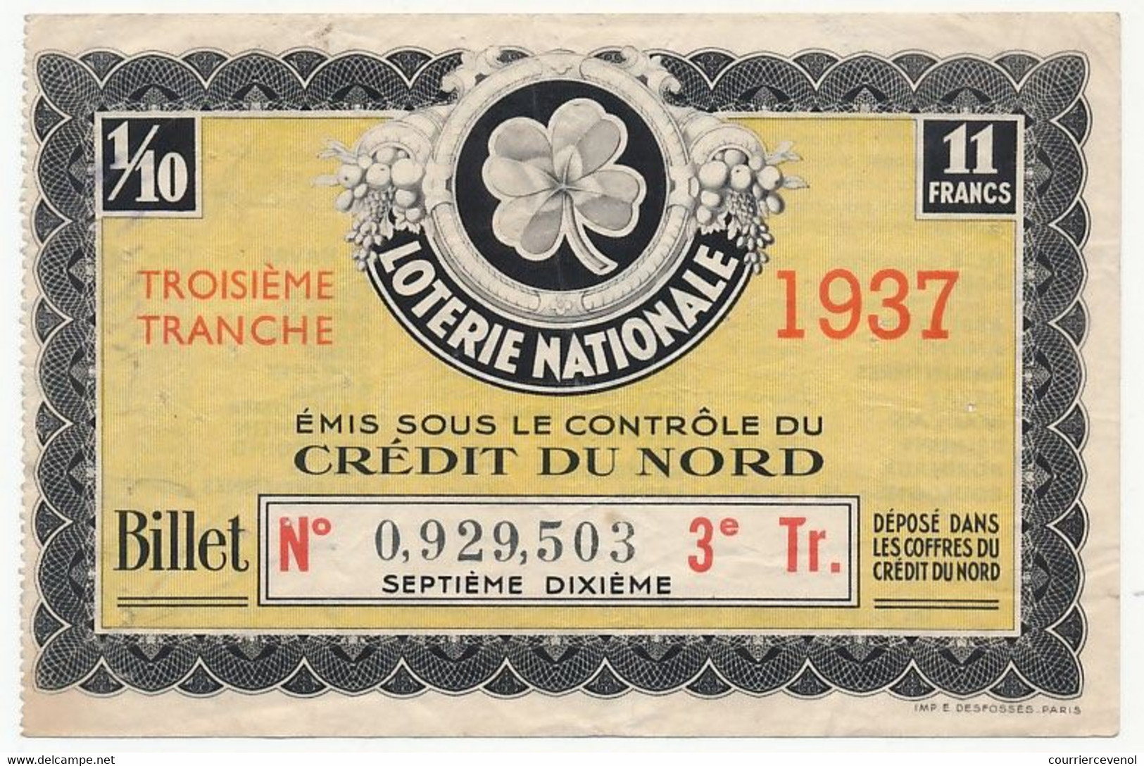FRANCE - Loterie Nationale - Billet 1/10° - Crédit Du Nord - Illustré Trèfle à Quatre Feuilles - 3eme Tranche 1937 - Billets De Loterie