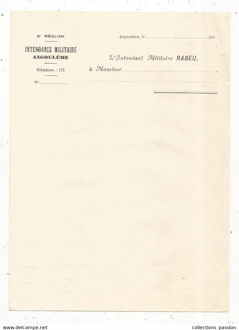Lettre, Vierge ,9 E Région, Militaria, Intendance Militaire D'ANGOULEME, L'intendant  RABEU,193x, Frais Fr 1.65 E - Dokumente
